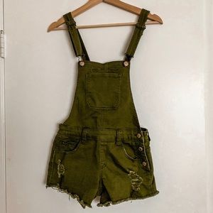 Green Denim Short Overalls